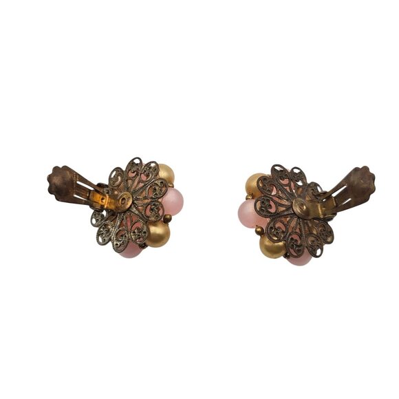 Vintage Pink & Gold Toned Cluster Floral Round Clip On Non Pierced Ear Earrings - Picture 4 of 9